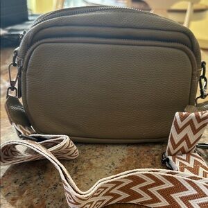 Trendy Khaki/Tan Leather Crossbody Bag with Chevron Strap.  NWOT